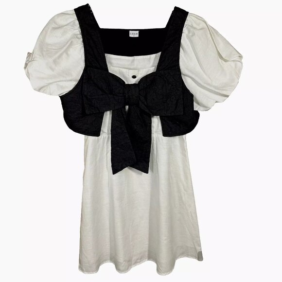 LEDIN White Dress Black Top Puff Sleeves Side Zip Cottage Coquette-US XS (2) NWT - Picture 1 of 9